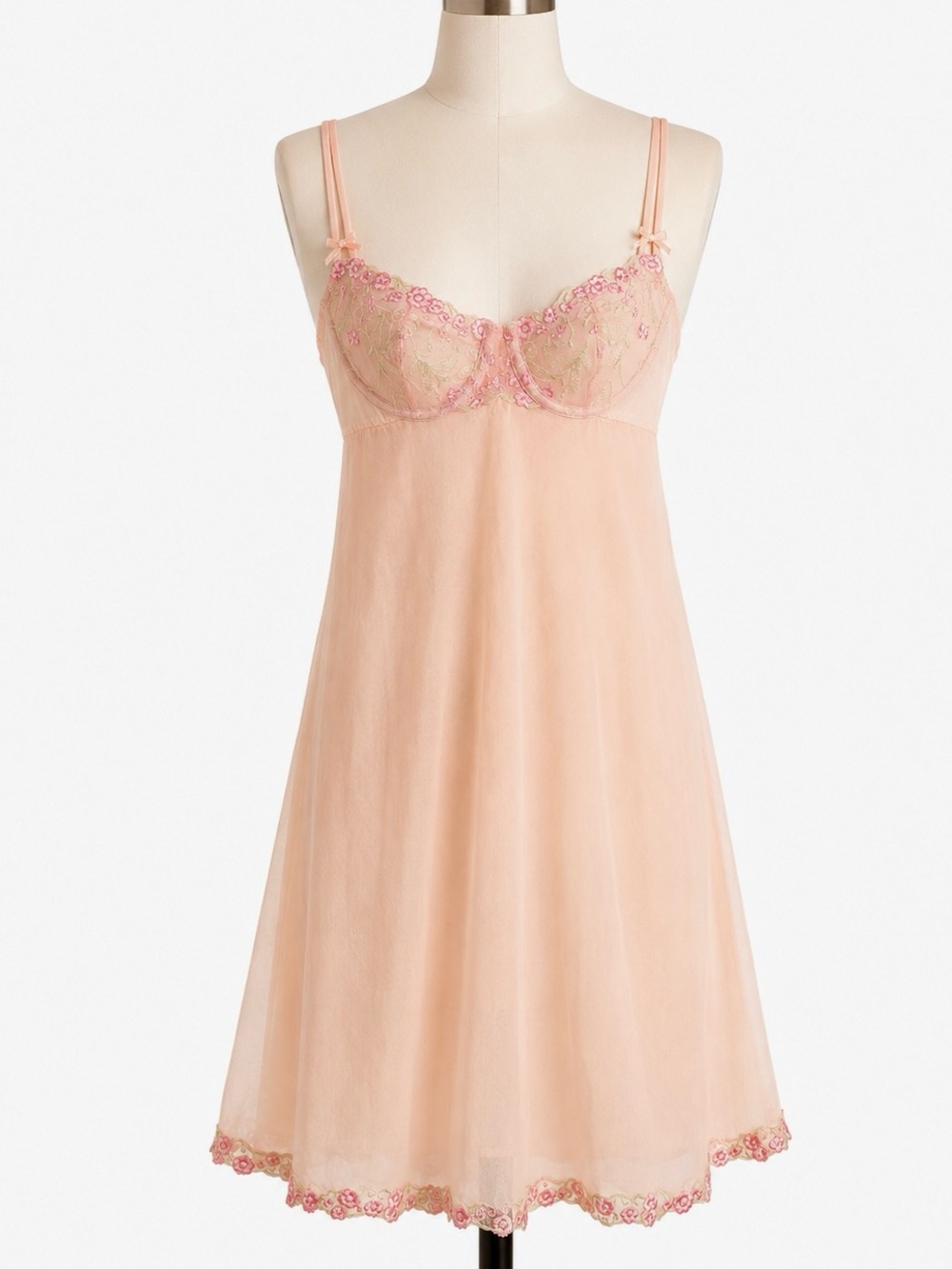Vintage Victorias Secret 100% Silk Lingerie Slip Dress Floral Lace Babydoll 36B